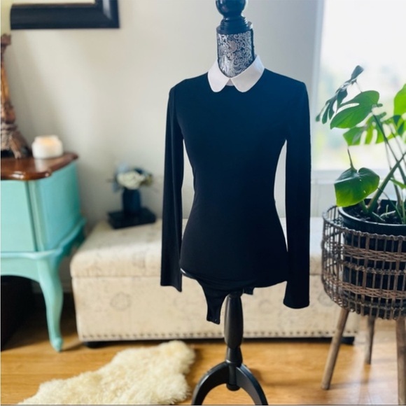 Alice + Olivia Black Sascha Peter Pan Collared Long Sleeve Bodysuit Size S - Picture 2 of 6